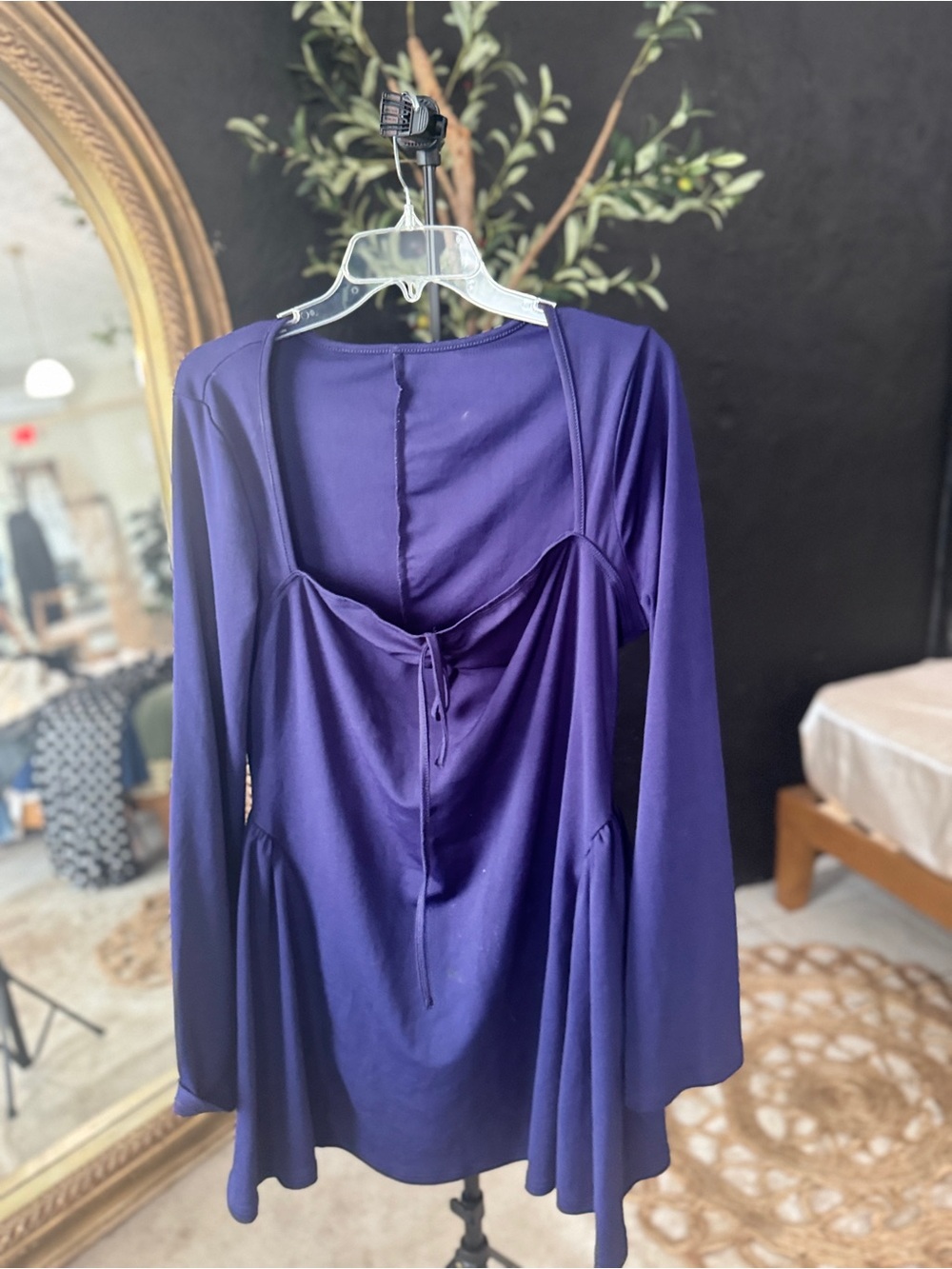 Deep blue Satin-Feel Long Sleeve Tunic with Tie Front